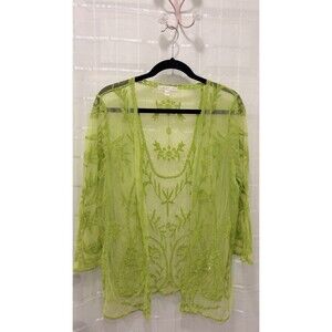 Hailey Lyn Neon Green Sheer Embroidered Cardigan M Boho Mesh Open